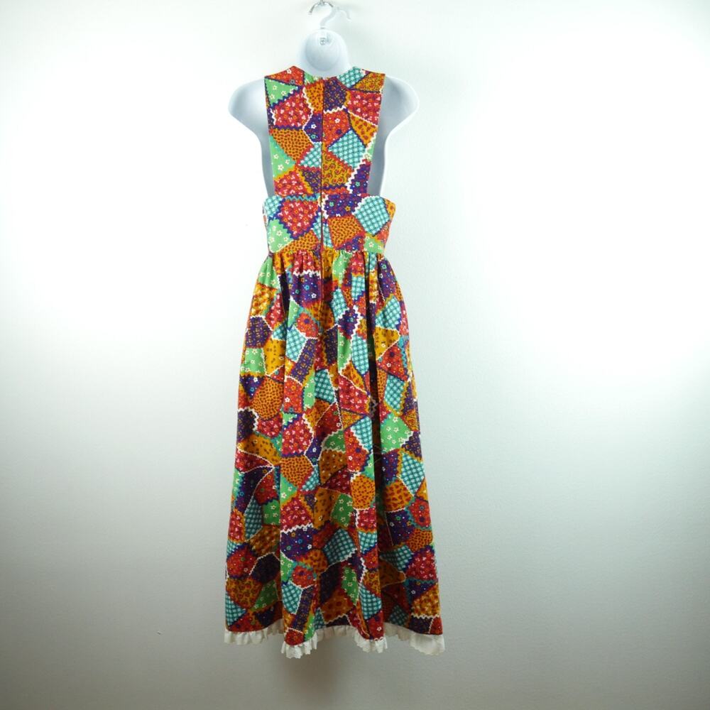 Vintage 70s Pinafore Maxi Dress Apron Patchwork XS S Cottagecore Prairie Ruffle - Picture 7 of 8
